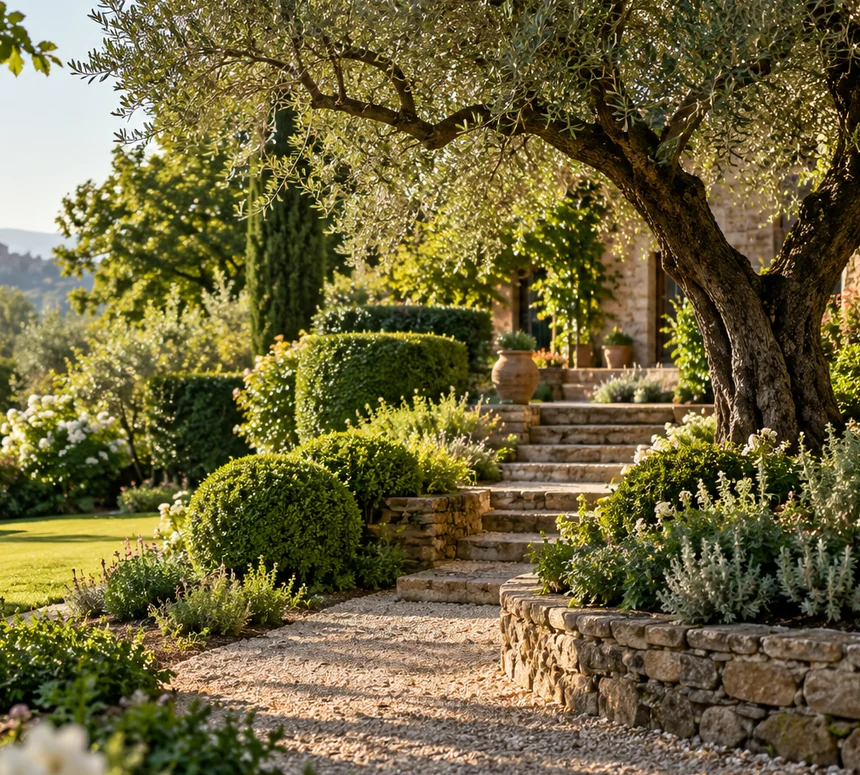 Scorcio di giardino con alberi, pietra e arbusti ben curati