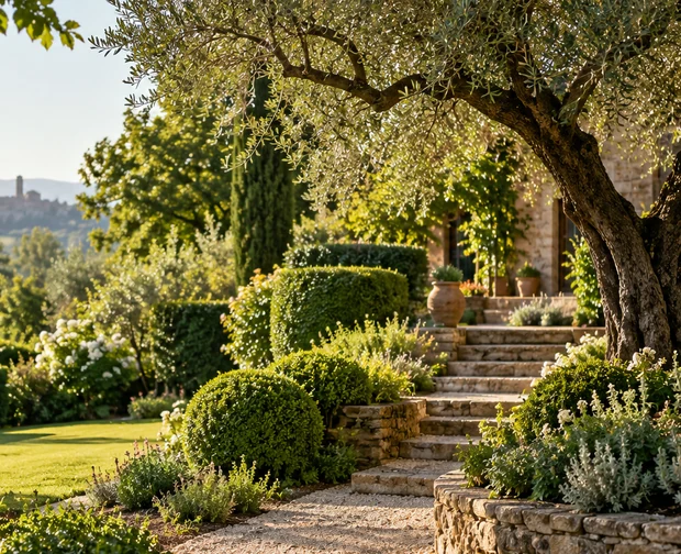 Giardino progettato con arbusti e sentiero, immagine illustrativa